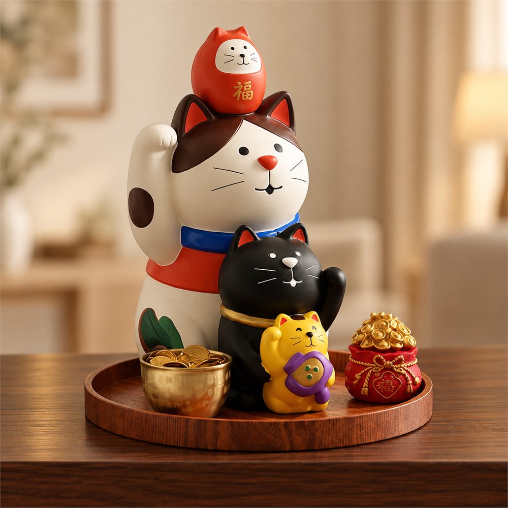 Stacked Lucky Cat Figurine with Trinket Tray, Entryway Decor, Good Luck Gift