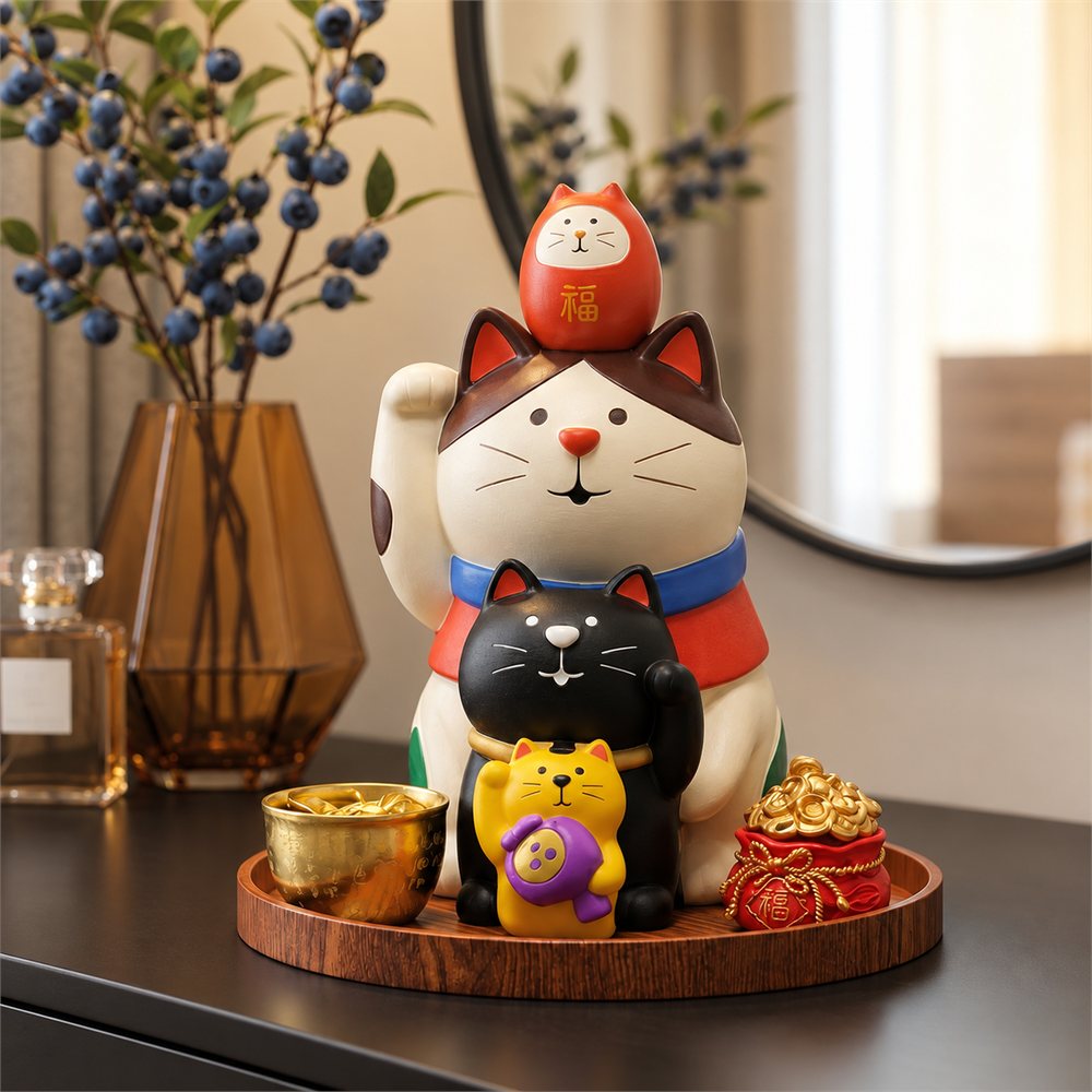 Stacked Lucky Cat Figurine with Trinket Tray, Entryway Decor, Good Luck Gift