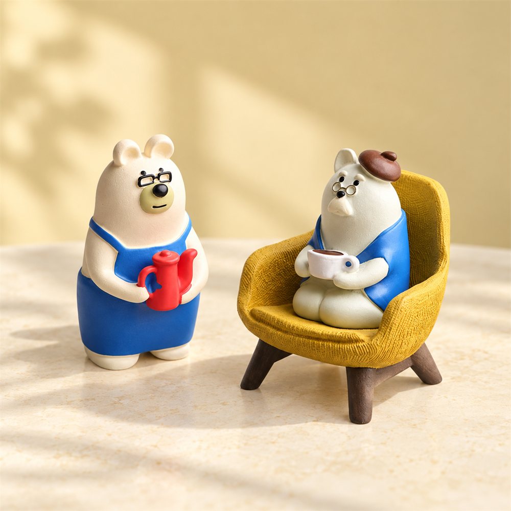 Coffee Break Bear Figurine Set, Cozy Cafe Desk Decor, Coffee Lover Gift