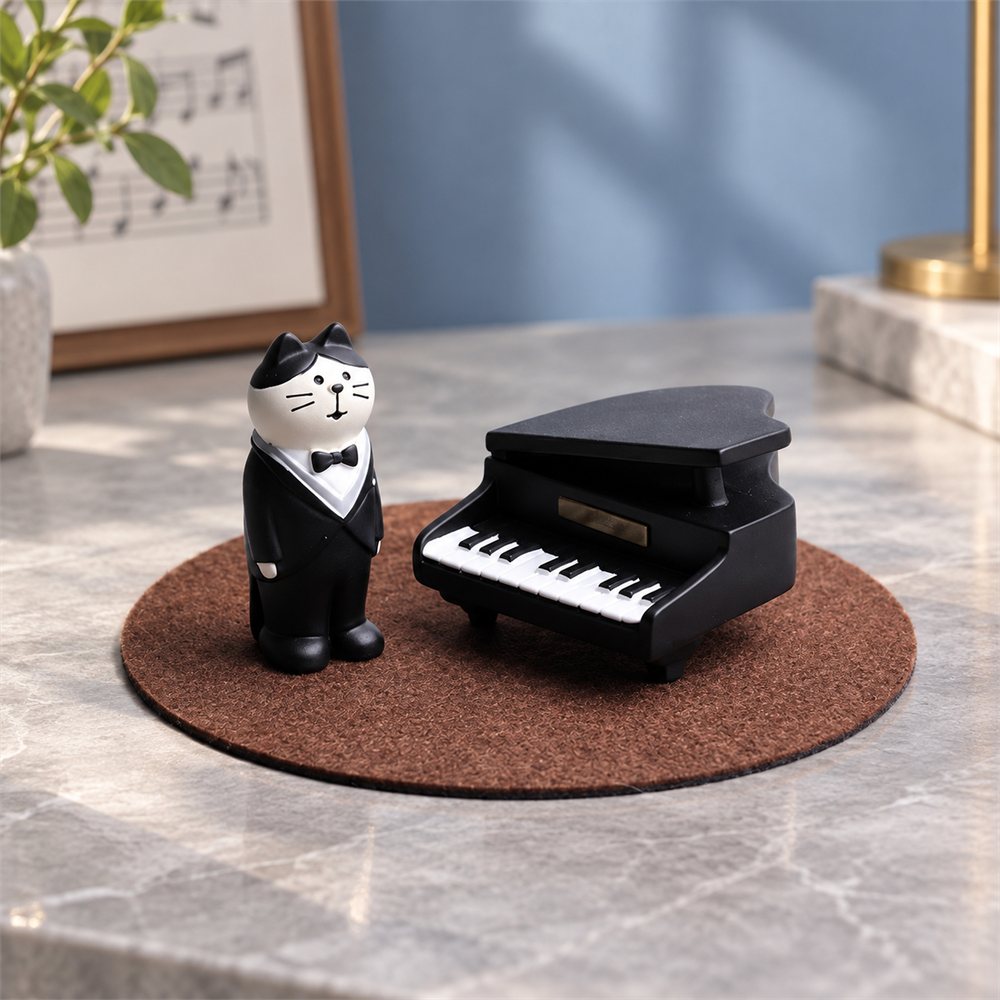 Tuxedo Cat Piano Figurine Set, Miniature Music Desk Decor, Pianist Gift