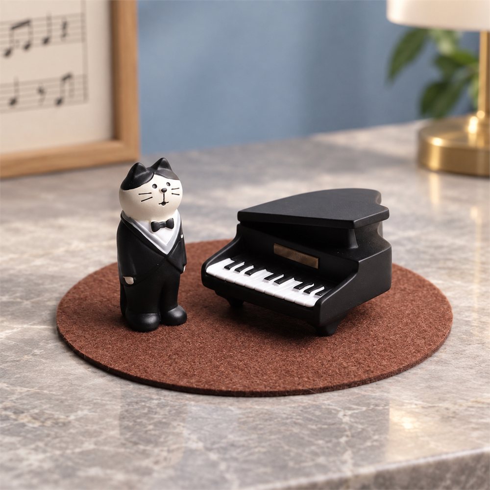 Tuxedo Cat Piano Figurine Set, Miniature Music Desk Decor, Pianist Gift