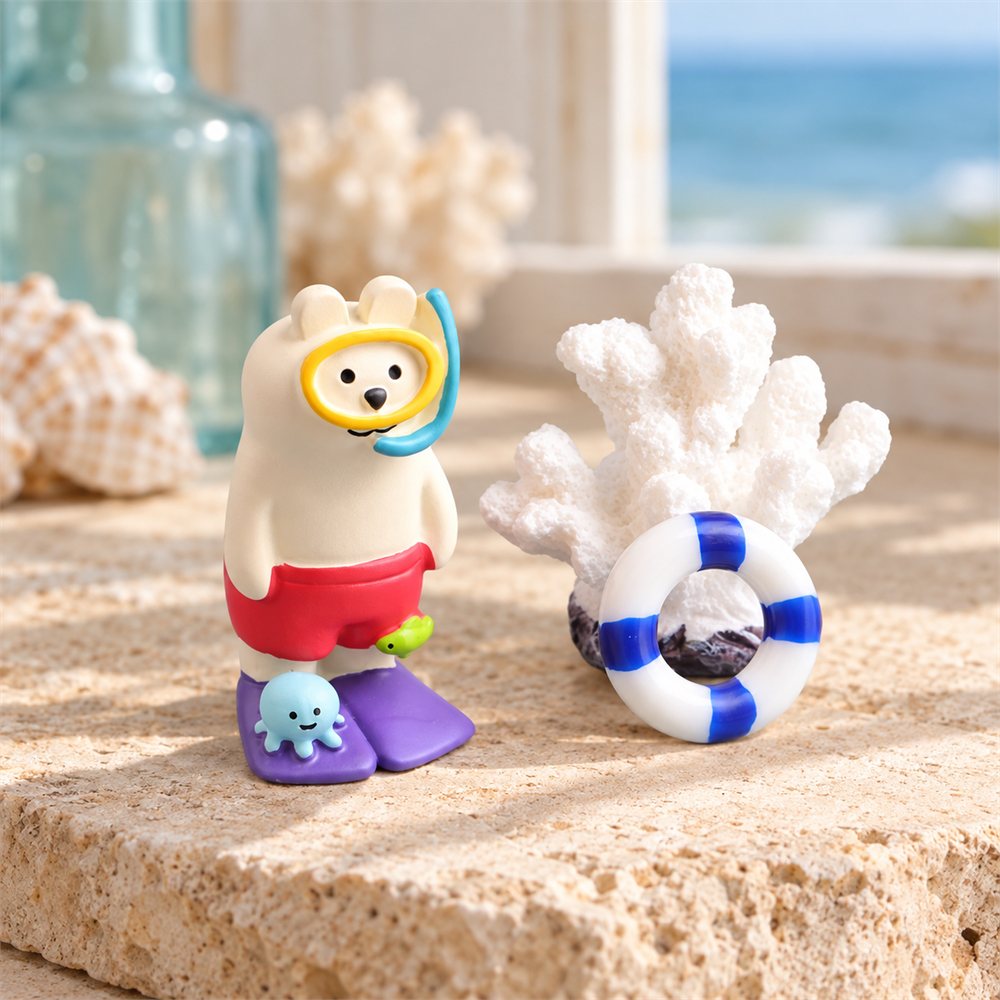 Diving Bear Ocean Diorama, Ceramic Coral Miniature Scene, Coastal Gift