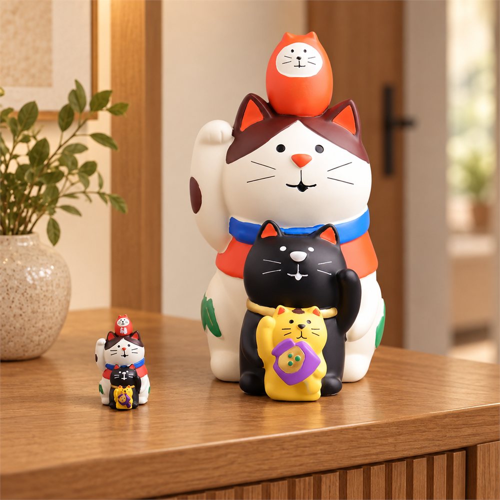 Large Stacked Lucky Cat Figurine, Japanese Entryway Decor, Good Luck Gift