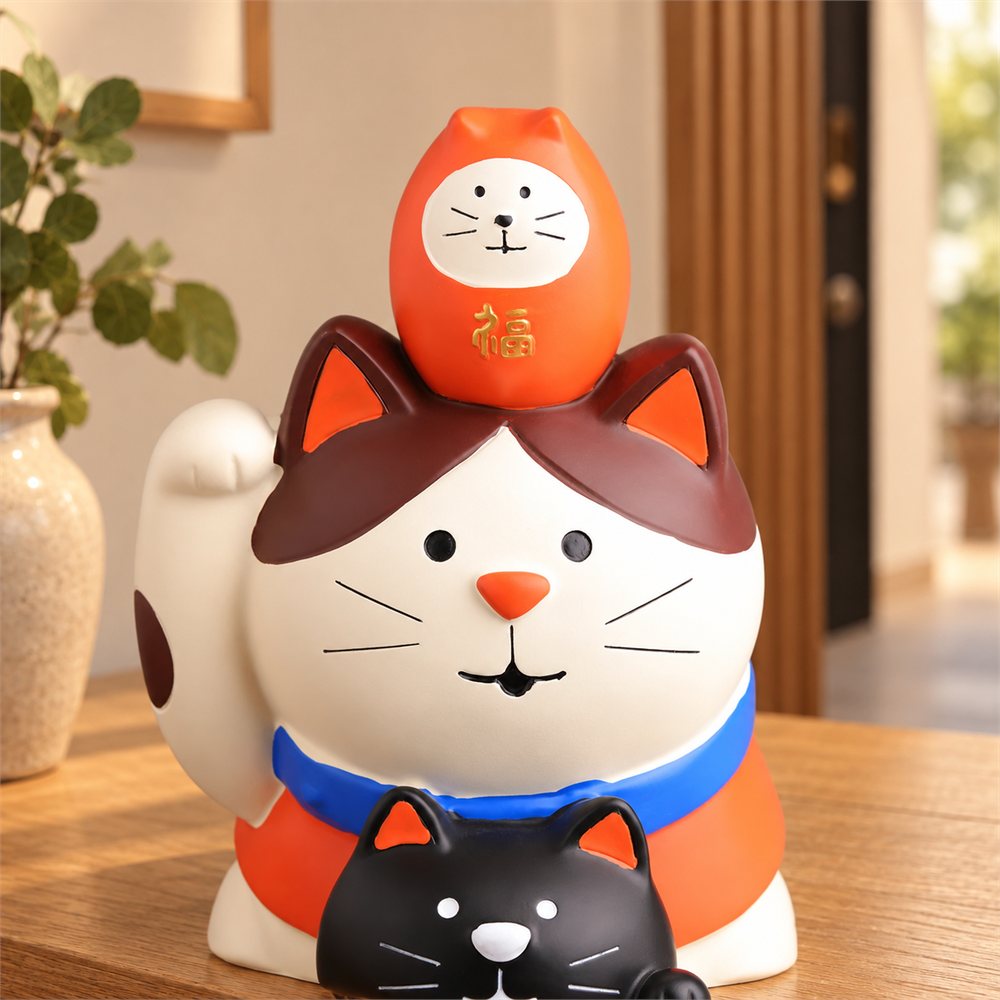 Large Stacked Lucky Cat Figurine, Japanese Entryway Decor, Good Luck Gift