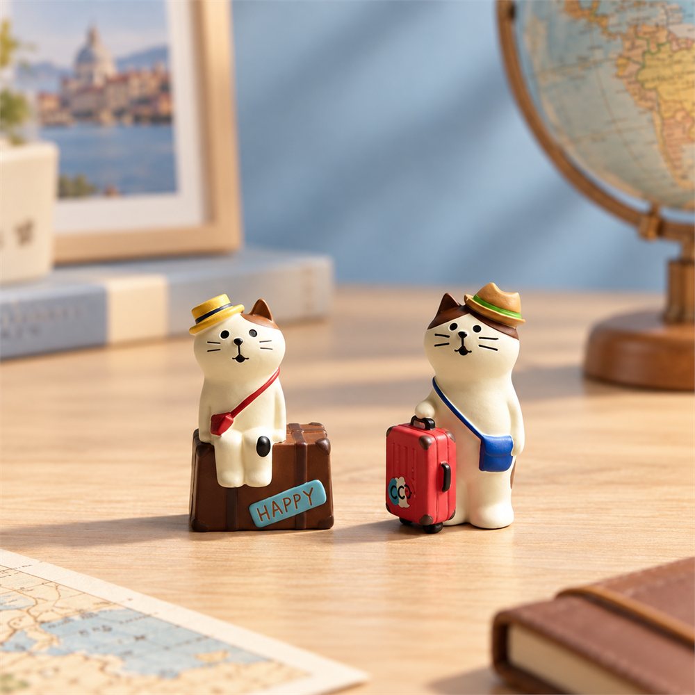 Travel Cat Globe Figurine Set, Miniature Suitcase Desk Decor, Traveler Gift