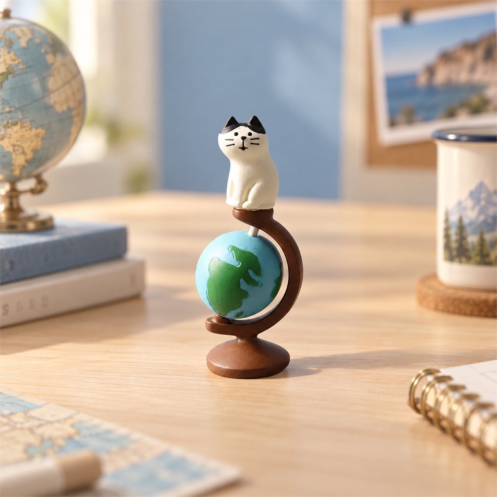 Travel Cat Globe Figurine Set, Miniature Suitcase Desk Decor, Traveler Gift
