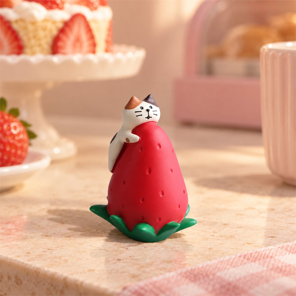 Strawberry Roll Cat Figurine Set, Cute Dessert Desk Decor, Cat Lover Gift