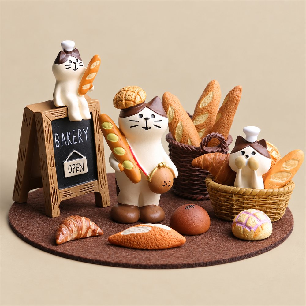 Baker Cat Miniature Set, Bread Shop Desk Diorama, Kitchen Decor