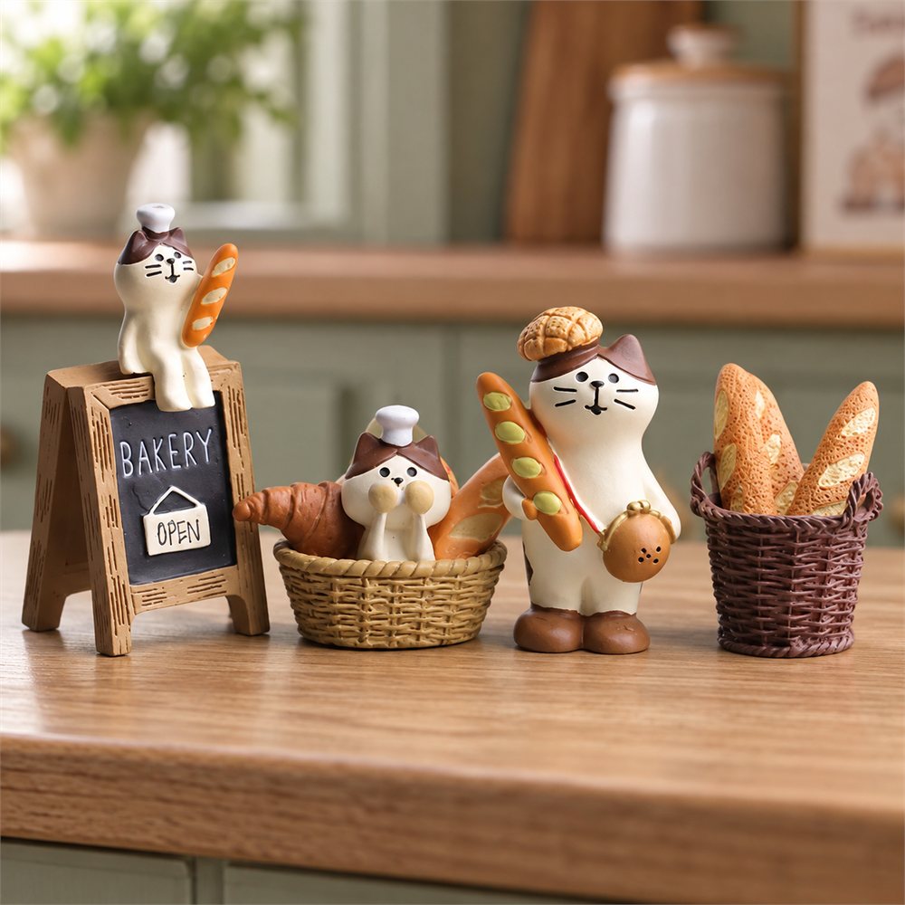 Baker Cat Miniature Set, Bread Shop Desk Diorama, Kitchen Decor