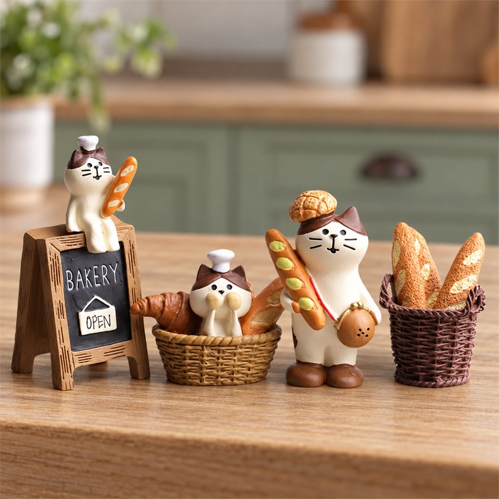 Baker Cat Miniature Set, Bread Shop Desk Diorama, Kitchen Decor