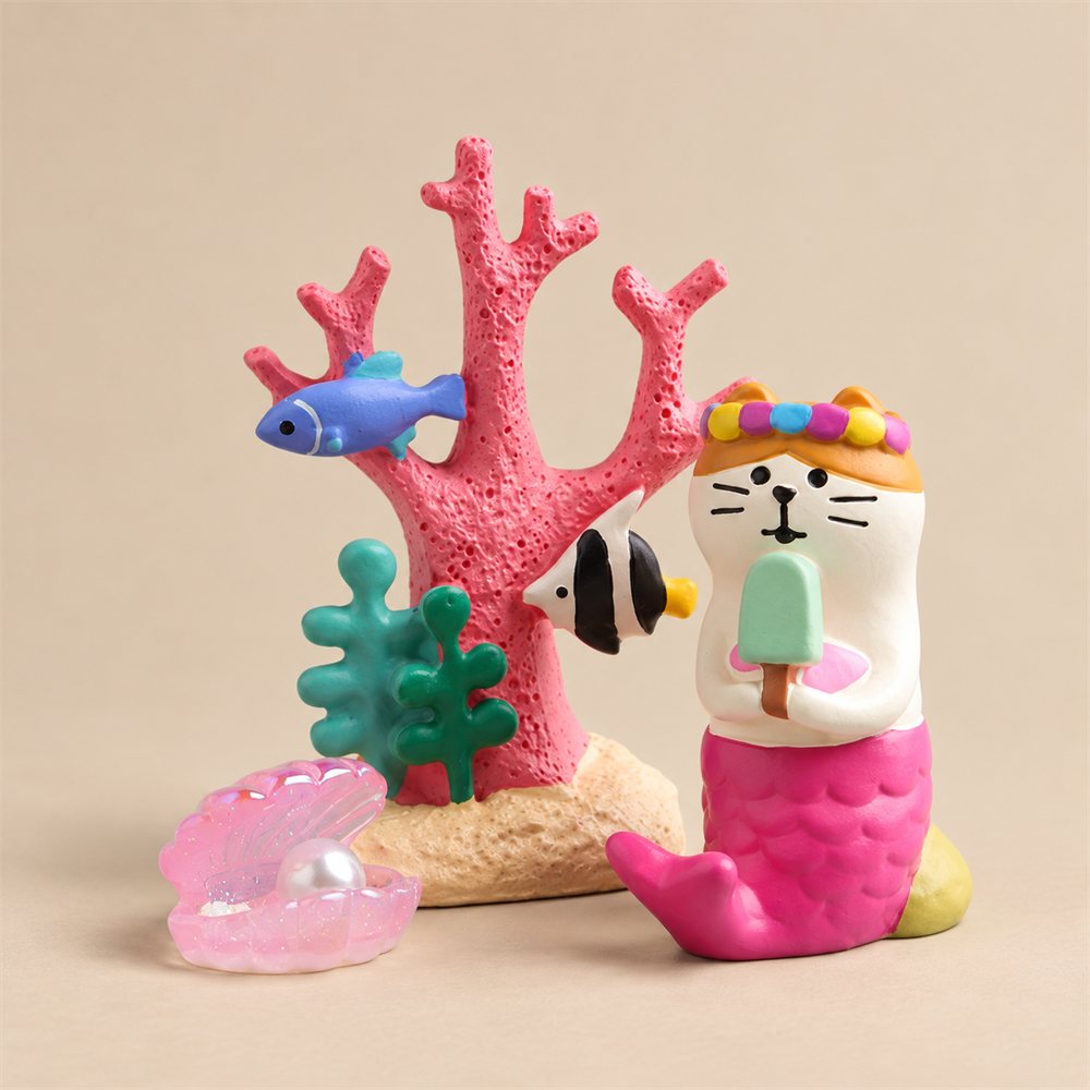 Mermaid Mushroom House Diorama, Ceramic Ocean Figurine Set, Coastal Decor