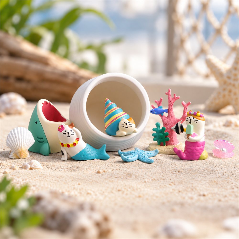 Mermaid Mushroom House Diorama, Ceramic Ocean Figurine Set, Coastal Decor