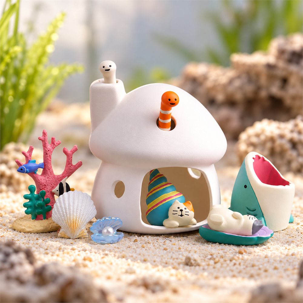 Mermaid Mushroom House Diorama, Ceramic Ocean Figurine Set, Coastal Decor