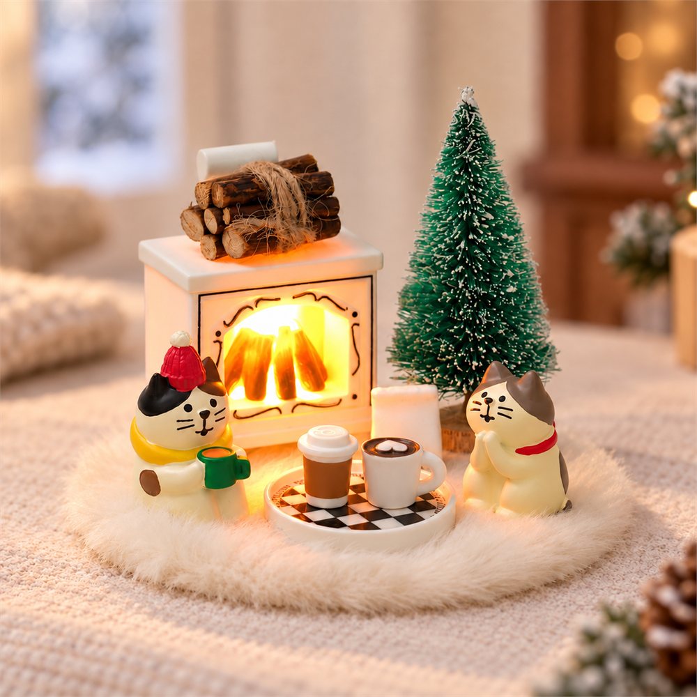 Fireplace Cat Night Light, Cozy Winter Desk Diorama, Cat Lover Gift