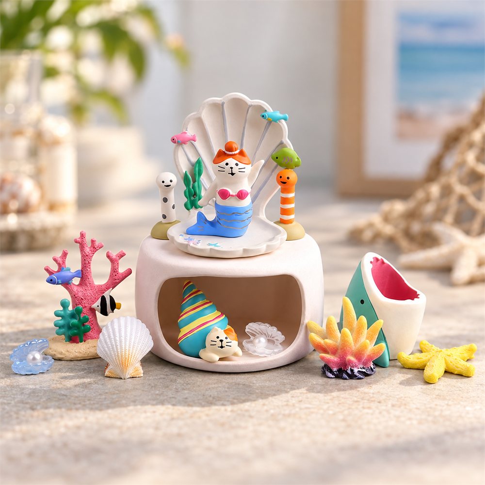 Mermaid Coral House Diorama, Ceramic Ocean Figurine Set, Coastal Gift