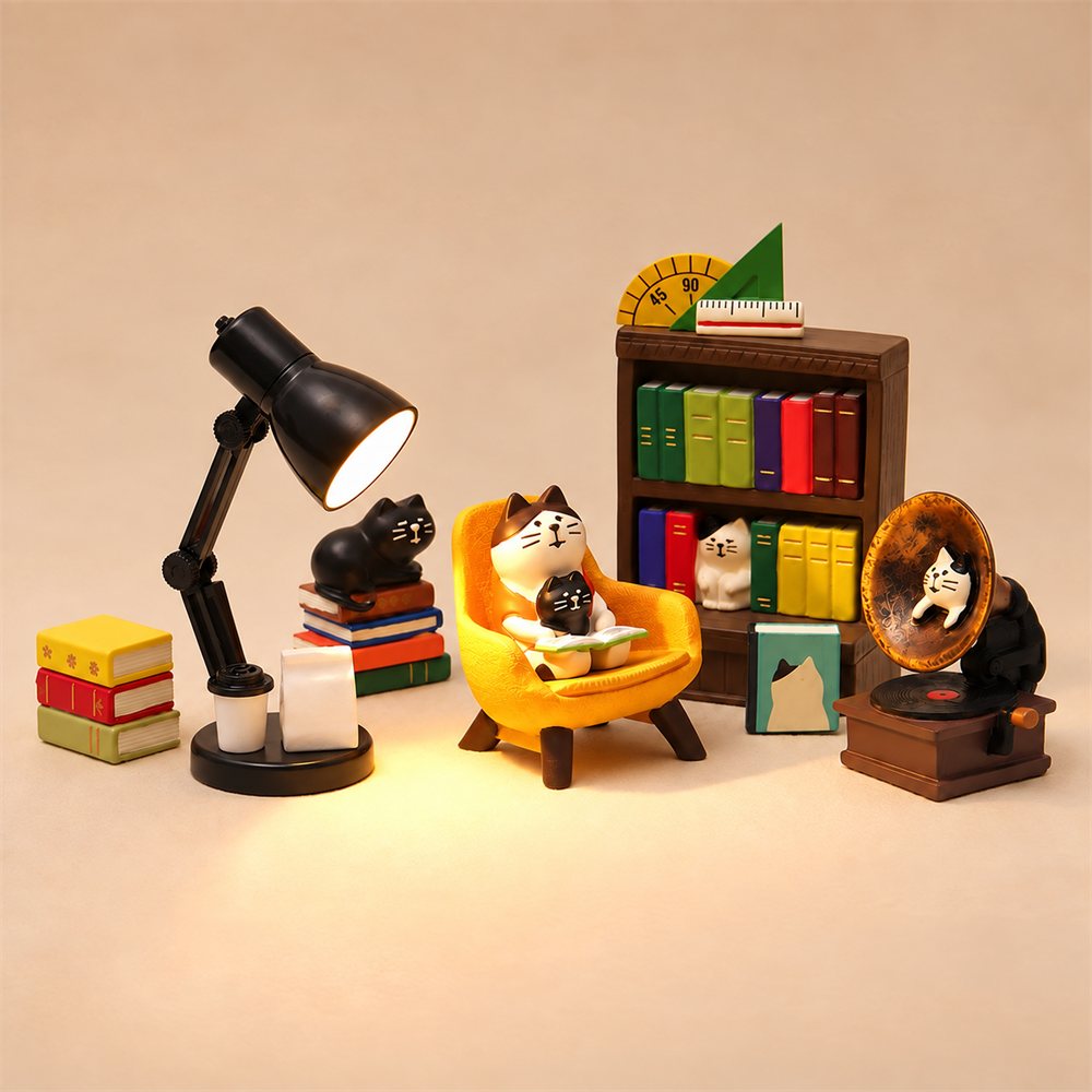 Reading Cat Library Night Light, Bookish Desk Diorama, Reader Gift
