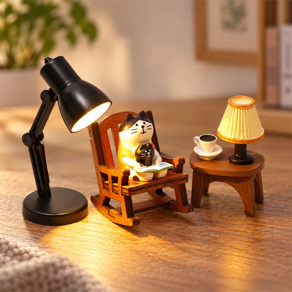 Reading Cat Library Night Light, Bookish Desk Diorama, Reader Gift