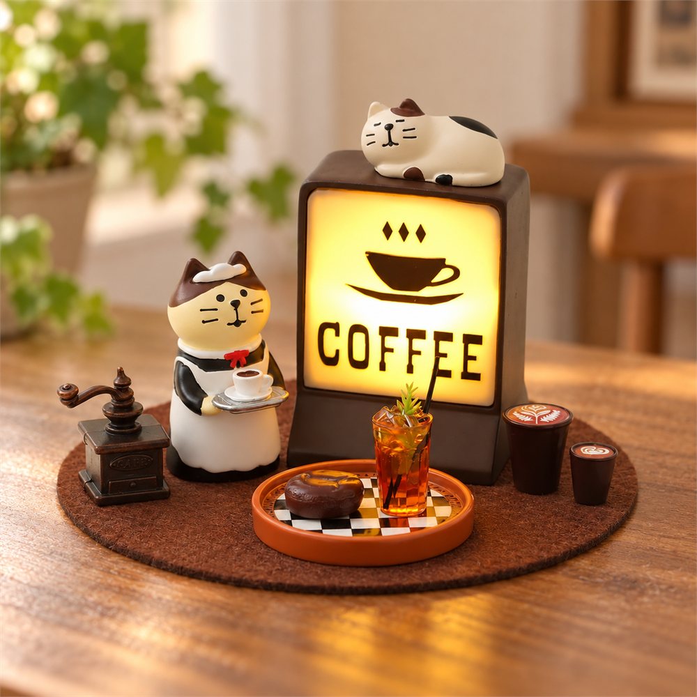 Coffee Maid Cat Night Light, Cute Cafe Desk Diorama, Coffee Lover Gift