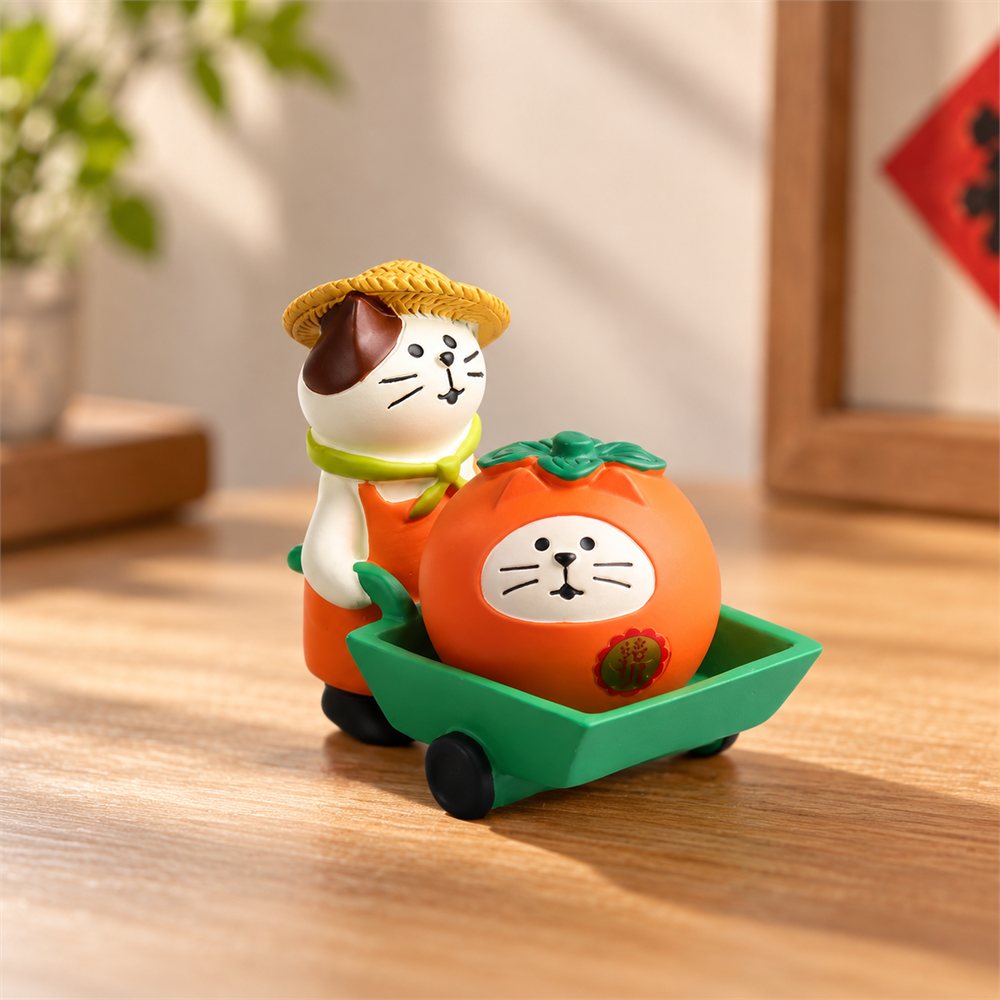 Persimmon Cat Figurine Set, Lucky New Year Desk Decor, Cat Lover Gift