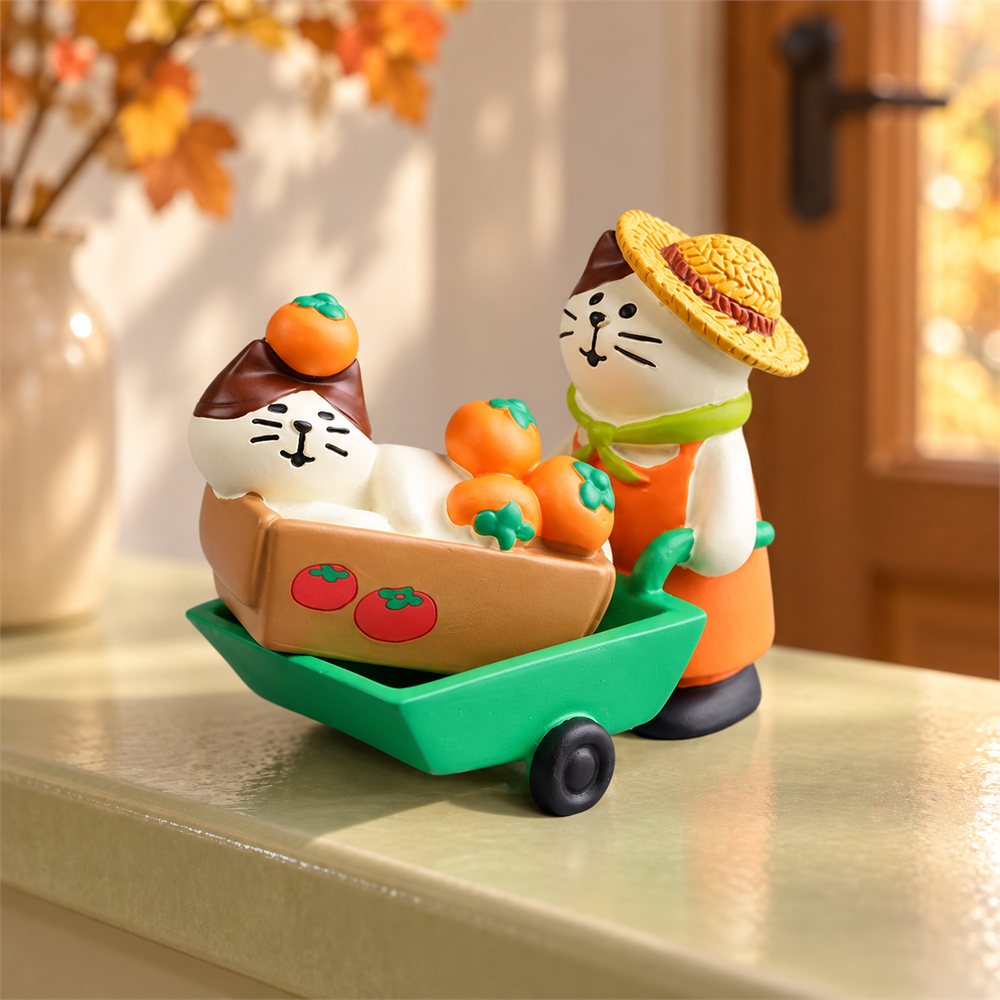 Persimmon Cat Figurine Set, Lucky New Year Desk Decor, Cat Lover Gift