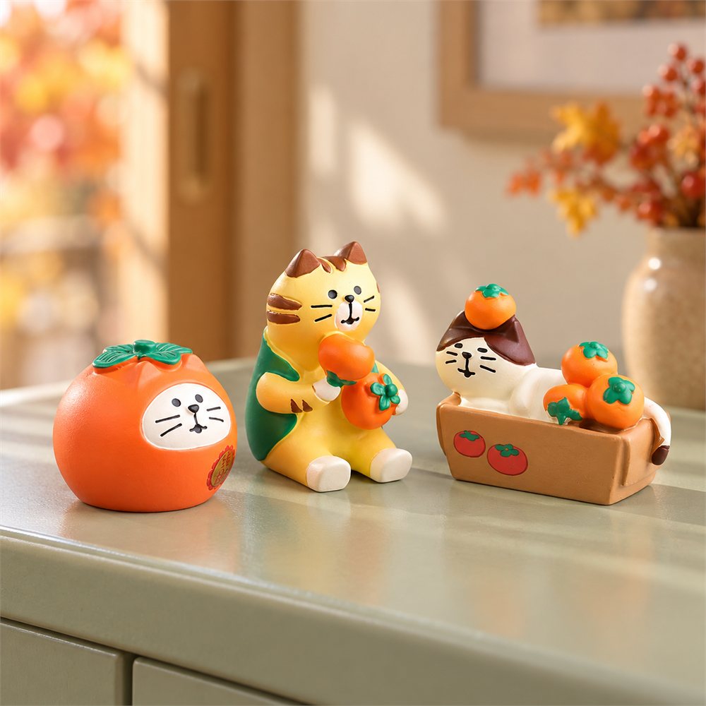 Persimmon Cat Figurine Set, Lucky New Year Desk Decor, Cat Lover Gift