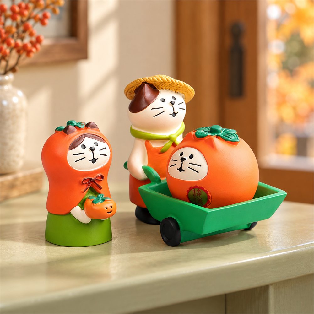 Persimmon Cat Figurine Set, Lucky New Year Desk Decor, Cat Lover Gift