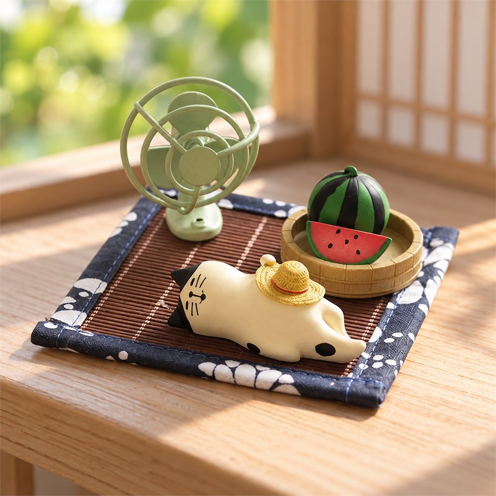 Summer Cat Nap Figurine, Straw Hat Desk Decor, Cat Lover Gift