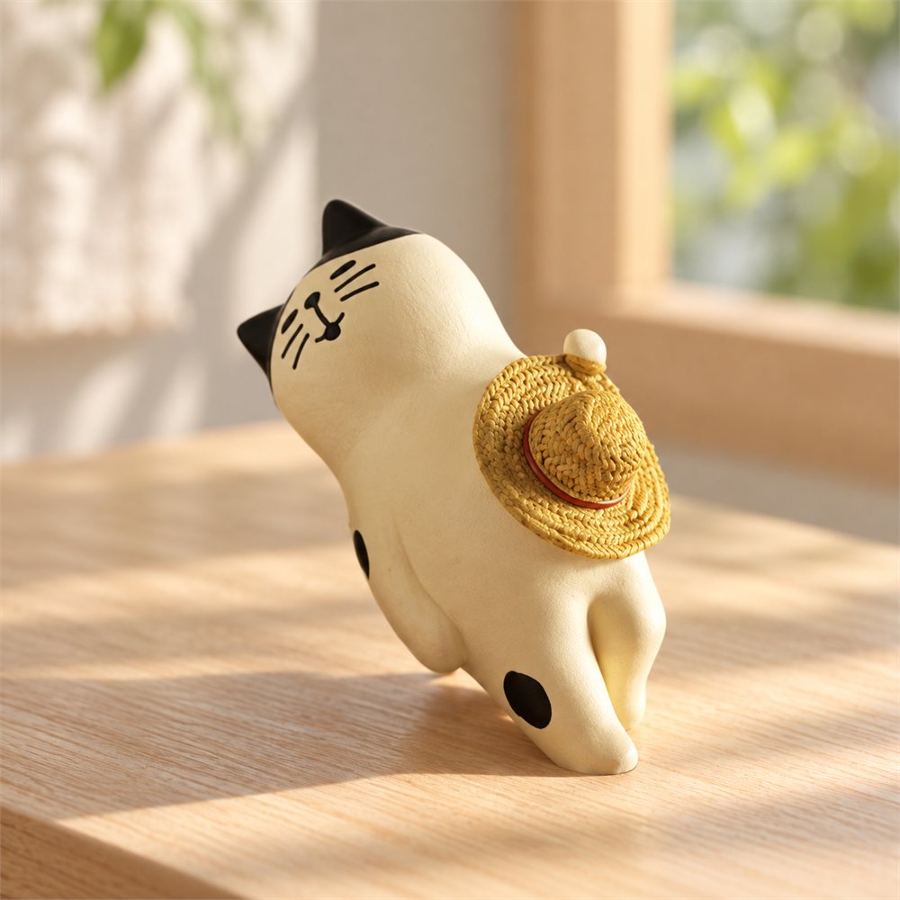 Summer Cat Nap Figurine, Straw Hat Desk Decor, Cat Lover Gift