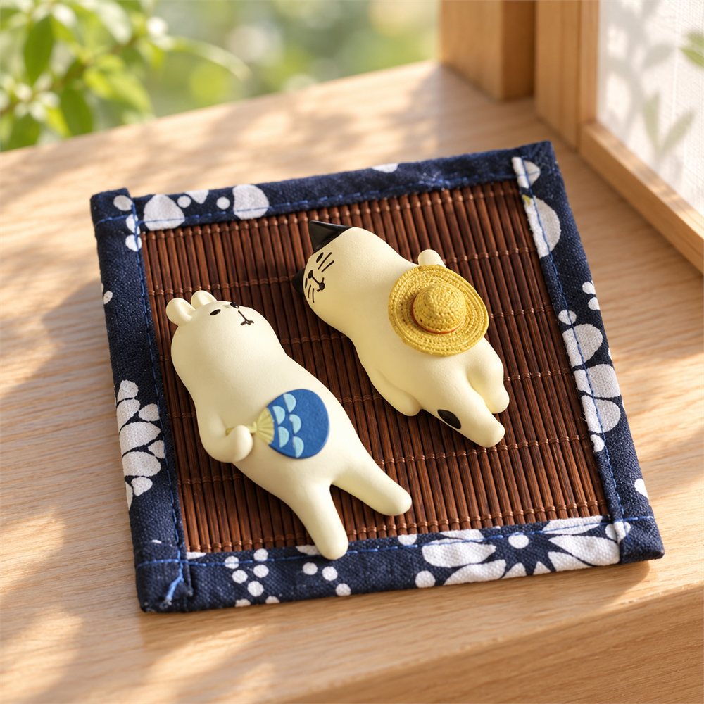 Summer Cat Nap Figurine, Straw Hat Desk Decor, Cat Lover Gift