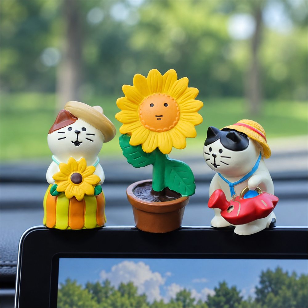 Sunflower Cat Car Figurine Set, Cheerful Dashboard Decor, Friendship Gift