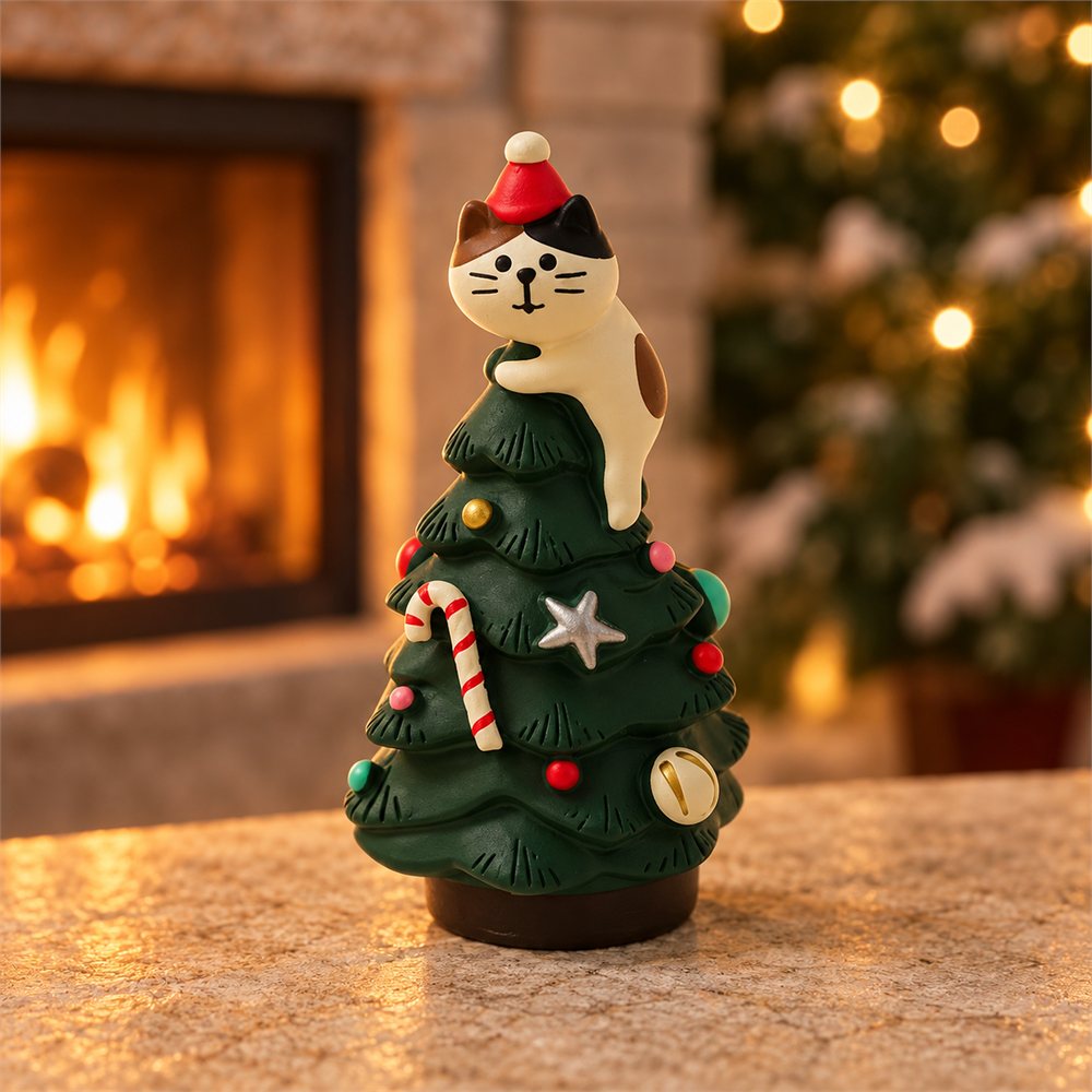 Christmas Fireplace Cat Night Light, Holiday Desk Diorama, Cat Lover Gift