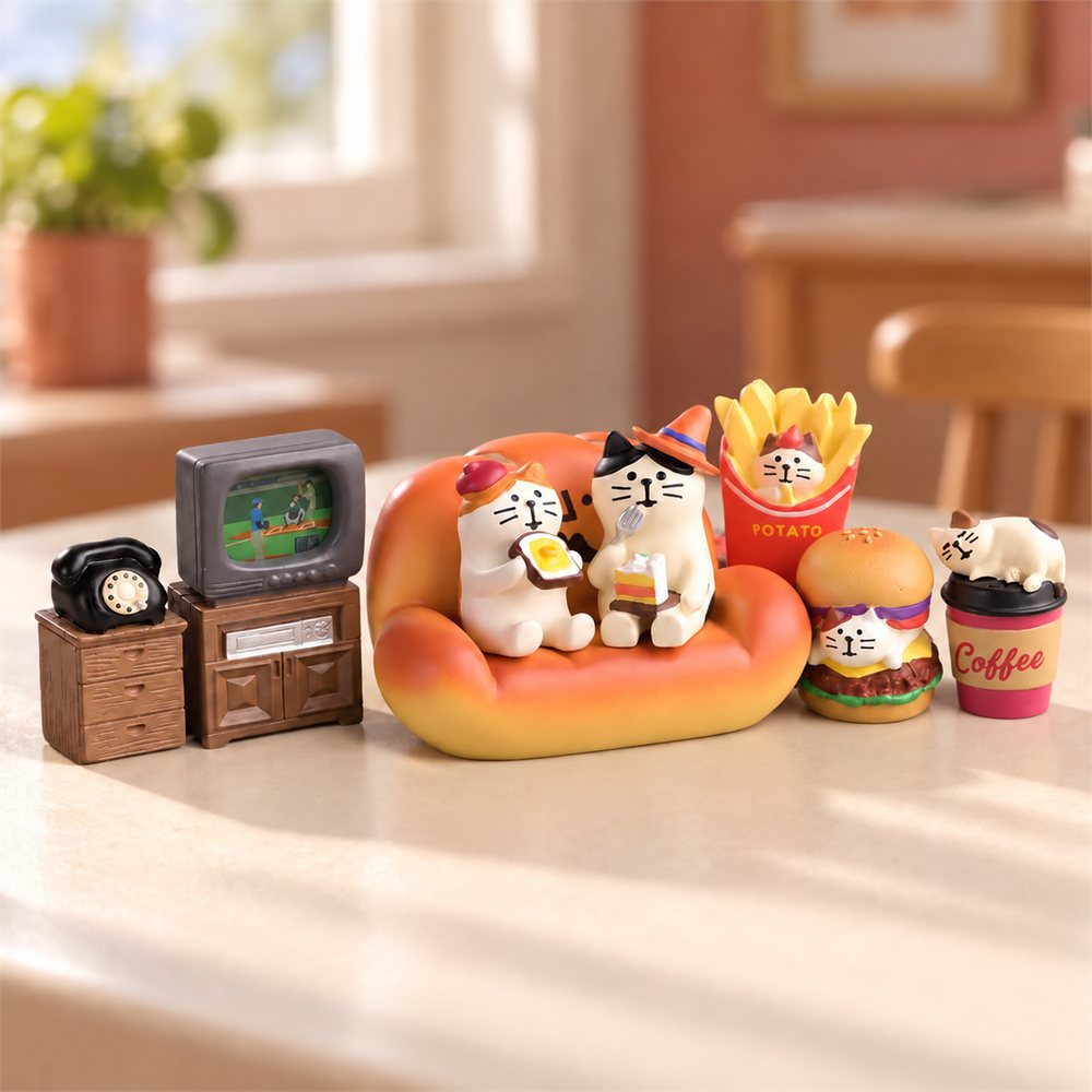 Cozy Bread Sofa Cat Figurine Set, Homebody Desk Decor, Cat Lover Gift