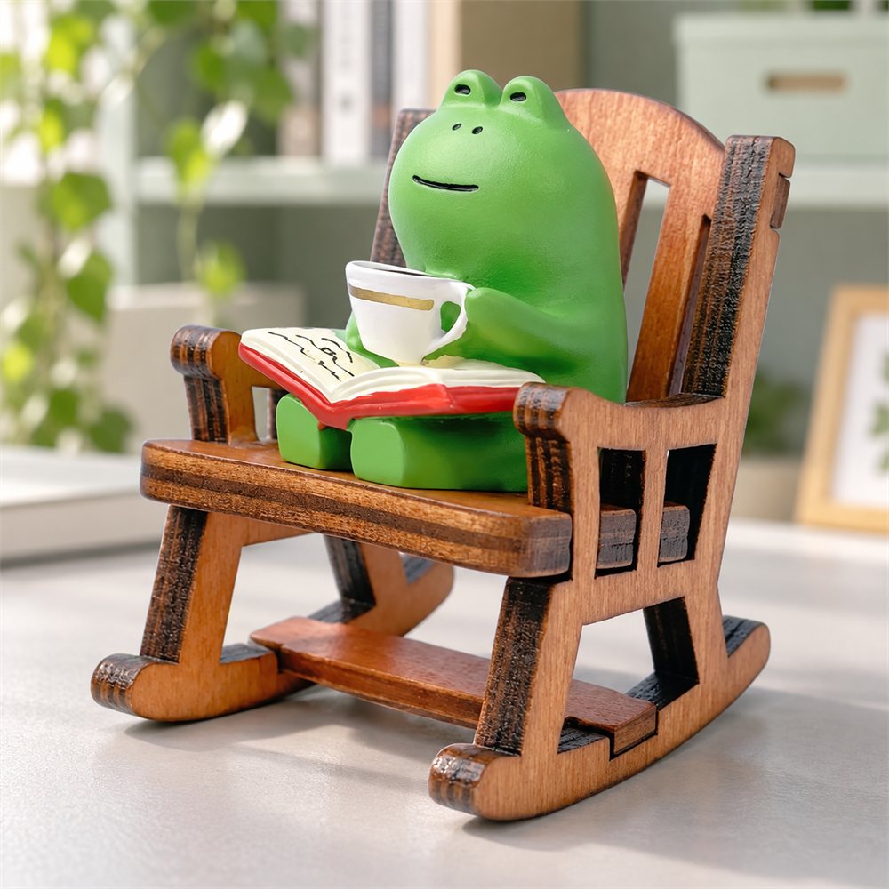 Frog Rocking Chair Figurine Set, Cozy Reading Desk Decor, Frog Lover Gift