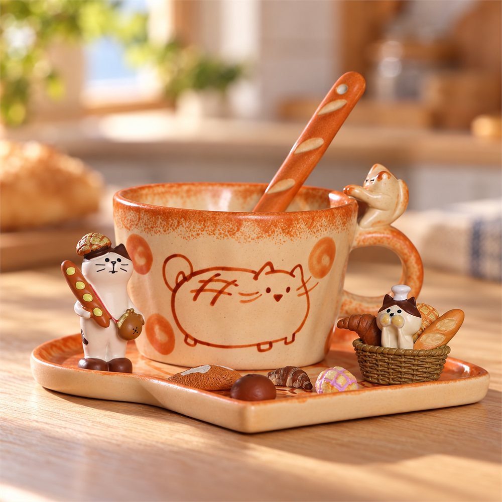 Cat Bread Ceramic Mug, Handmade Pottery Coffee Cup, Cat Lover Gift