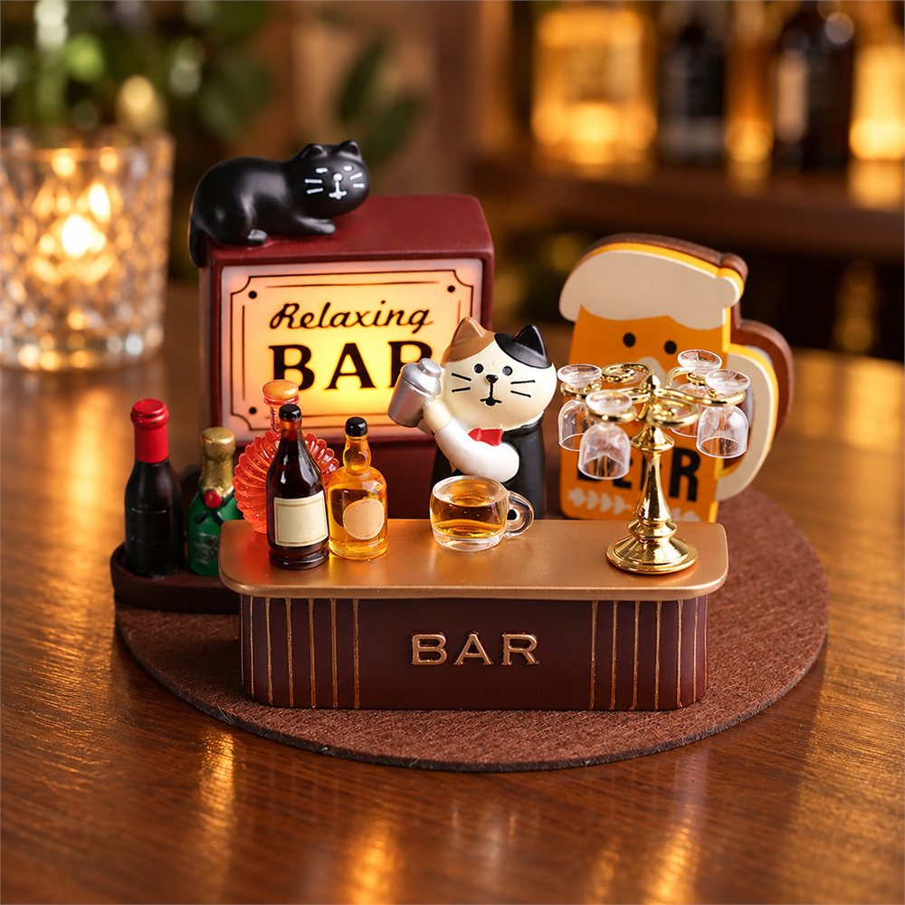 Bartender Cat Bar Diorama, Lighted Miniature Pub Decor, Cat Lover Gift