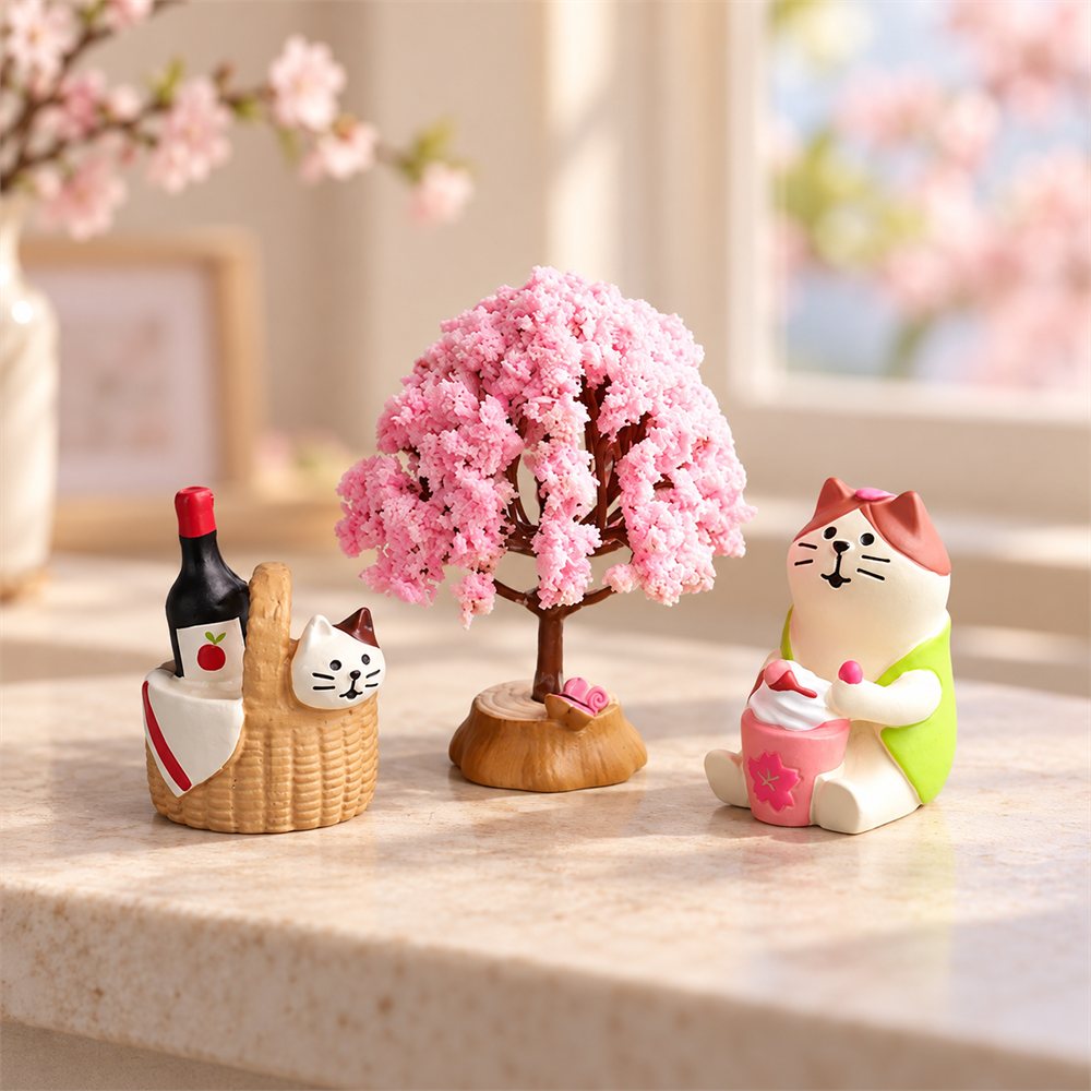 Cherry Blossom Tea Cat Figurine Set, Spring Desk Decor, Cat Lover Gift