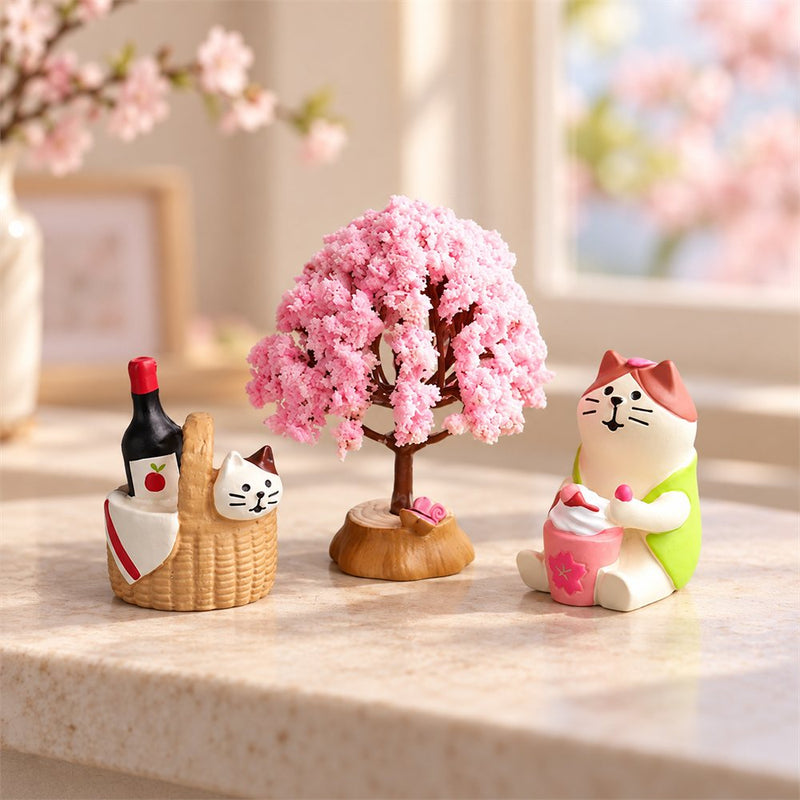 Cherry Blossom Tea Cat Figurine Set, Spring Desk Decor, Cat Lover Gift