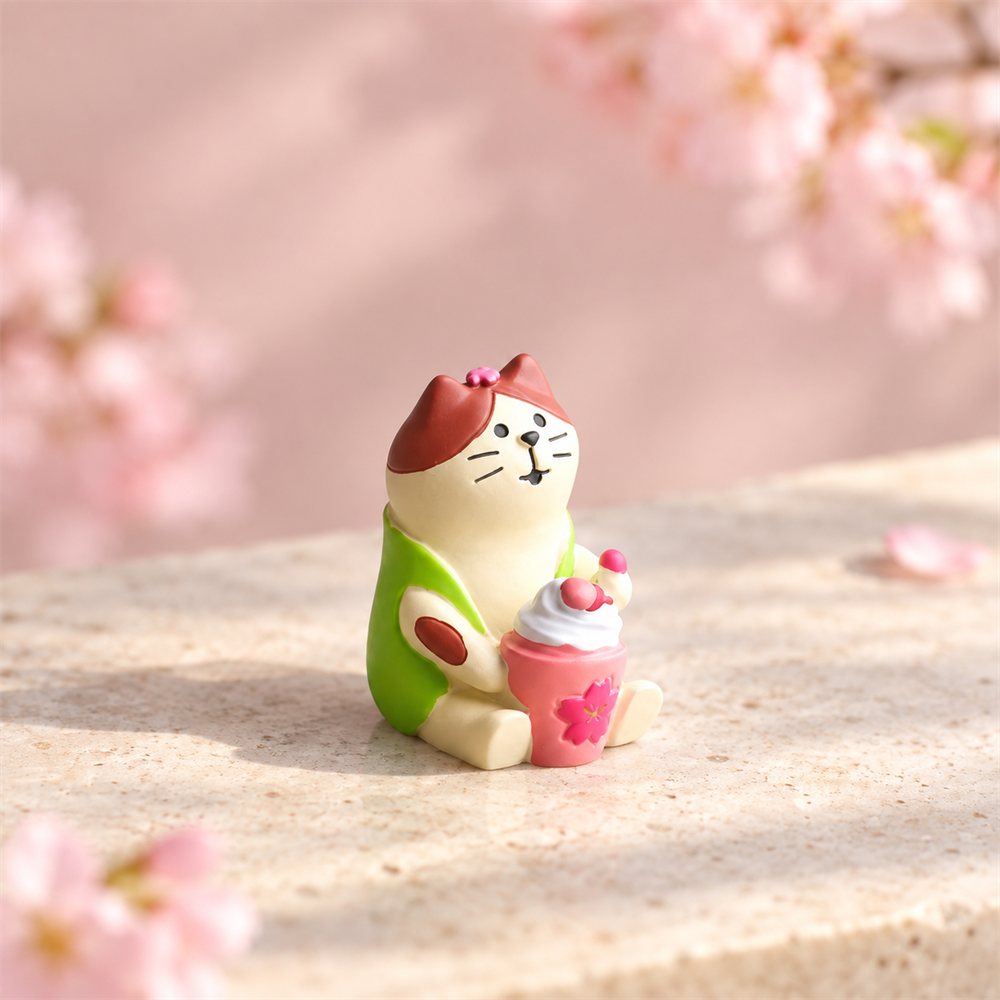 Cherry Blossom Tea Cat Figurine Set, Spring Desk Decor, Cat Lover Gift