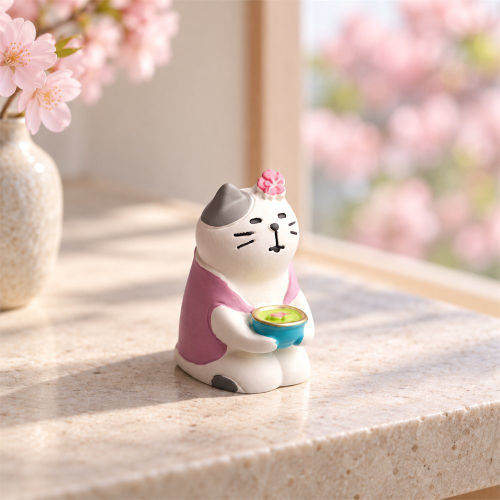 Cherry Blossom Tea Cat Figurine Set, Spring Desk Decor, Cat Lover Gift