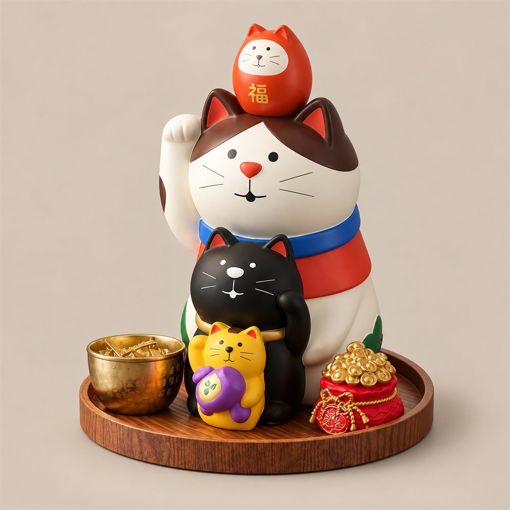 Stacked Lucky Cat Figurine with Trinket Tray, Entryway Decor, Good Luck Gift
