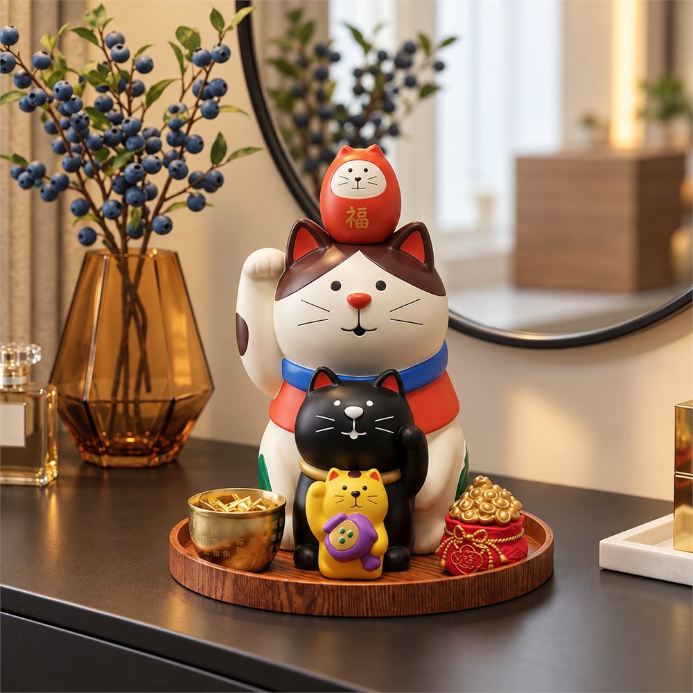 Stacked Lucky Cat Figurine with Trinket Tray, Entryway Decor, Good Luck Gift