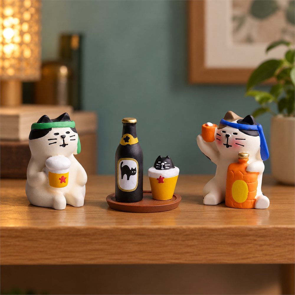 Drinking Cat Figurine Set, Funny Bar Desk Decor, Cat Lover Gift