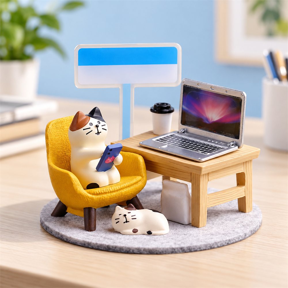 Work From Home Cat Diorama, Computer Desk Figurine, Coworker Gift