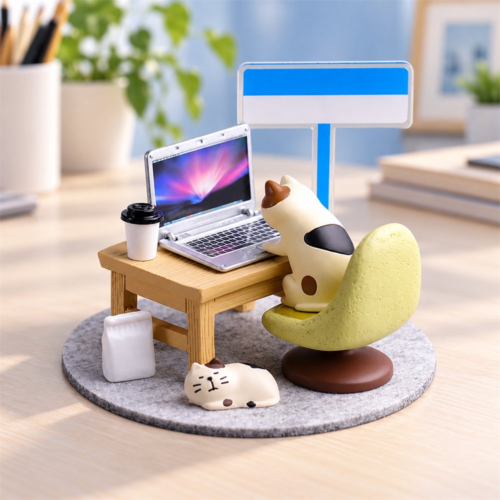 Work From Home Cat Diorama, Computer Desk Figurine, Coworker Gift