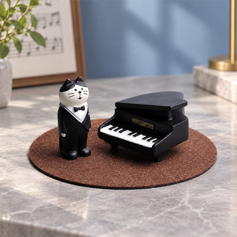 Tuxedo Cat Piano Figurine Set, Miniature Music Desk Decor, Pianist Gift
