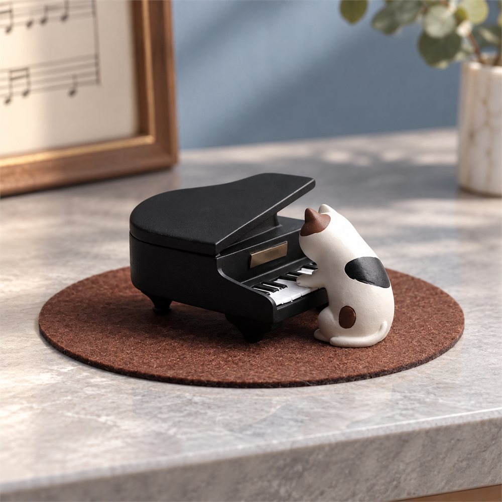 Tuxedo Cat Piano Figurine Set, Miniature Music Desk Decor, Pianist Gift