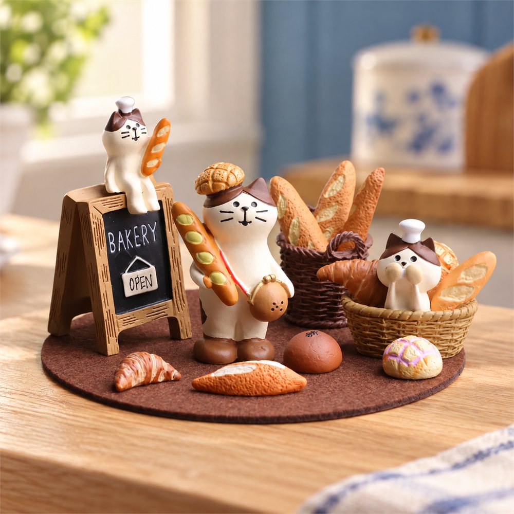 Cat Bakery Figurine Set, Miniature Bread Shop Decor, Baker Gift
