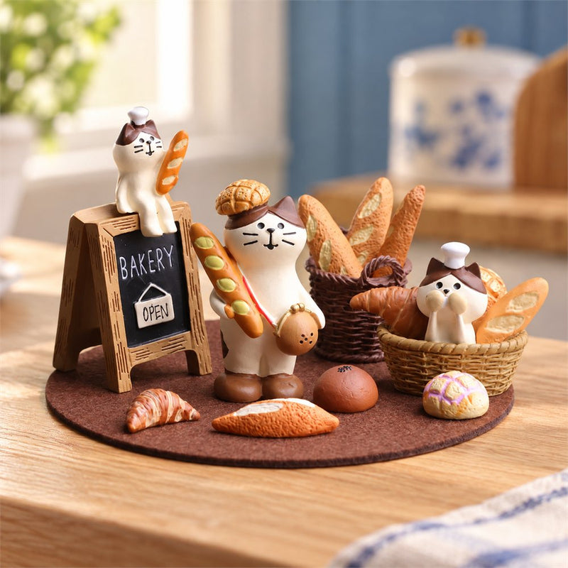 Cat Bakery Figurine Set, Miniature Bread Shop Decor, Baker Gift
