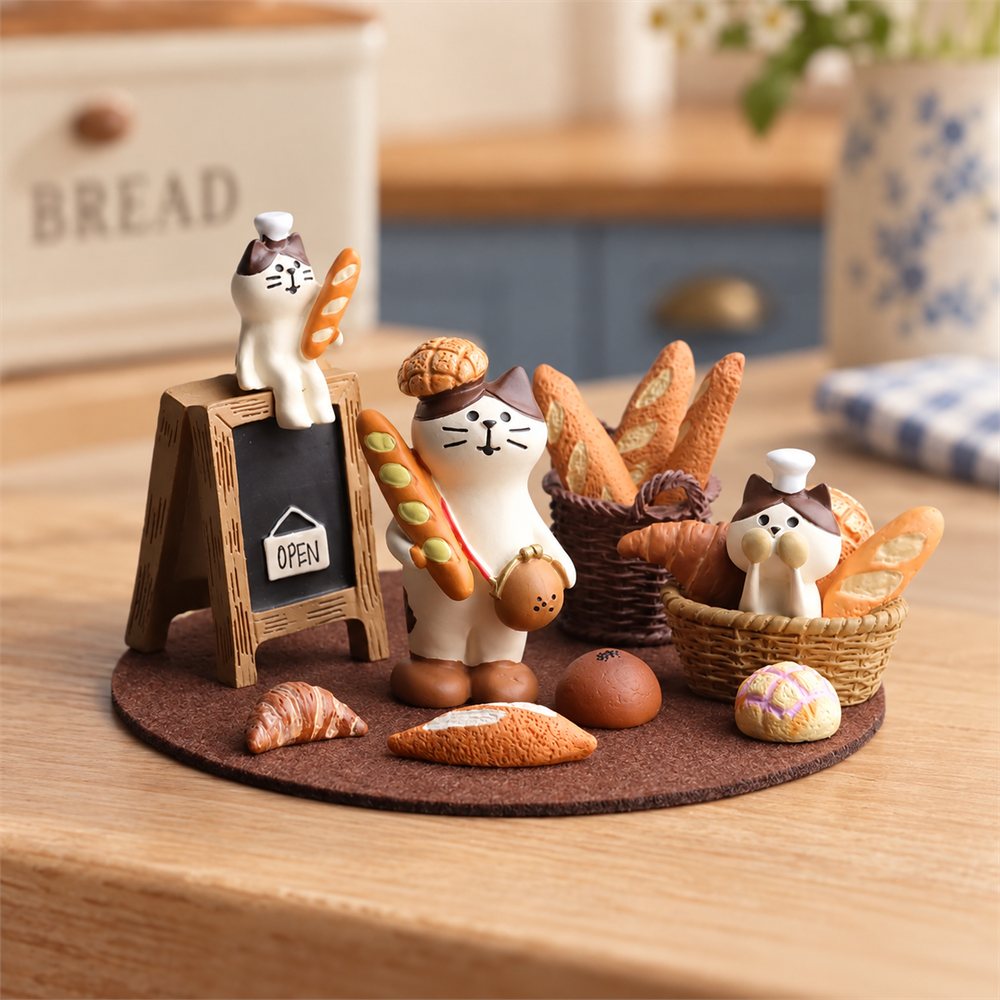 Cat Bakery Figurine Set, Miniature Bread Shop Decor, Baker Gift