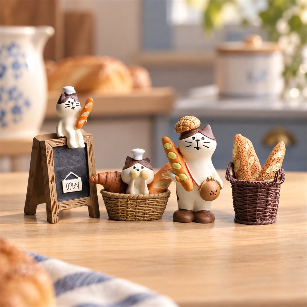 Cat Bakery Figurine Set, Miniature Bread Shop Decor, Baker Gift
